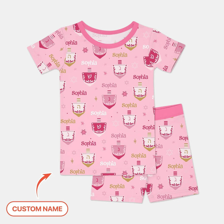 Hanukkah Dreidels Two Piece Short Sleeve Shorts Pajama Set , Hanukkah Dreidels Two Piece Short Sleeve Shorts Pajama Set - 12-18M