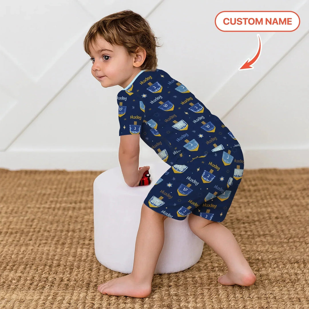 Hanukkah Dreidels Two Piece Short Sleeve Shorts Pajama Set , Hanukkah Dreidels Two Piece Short Sleeve Shorts Pajama Set - 12-18M