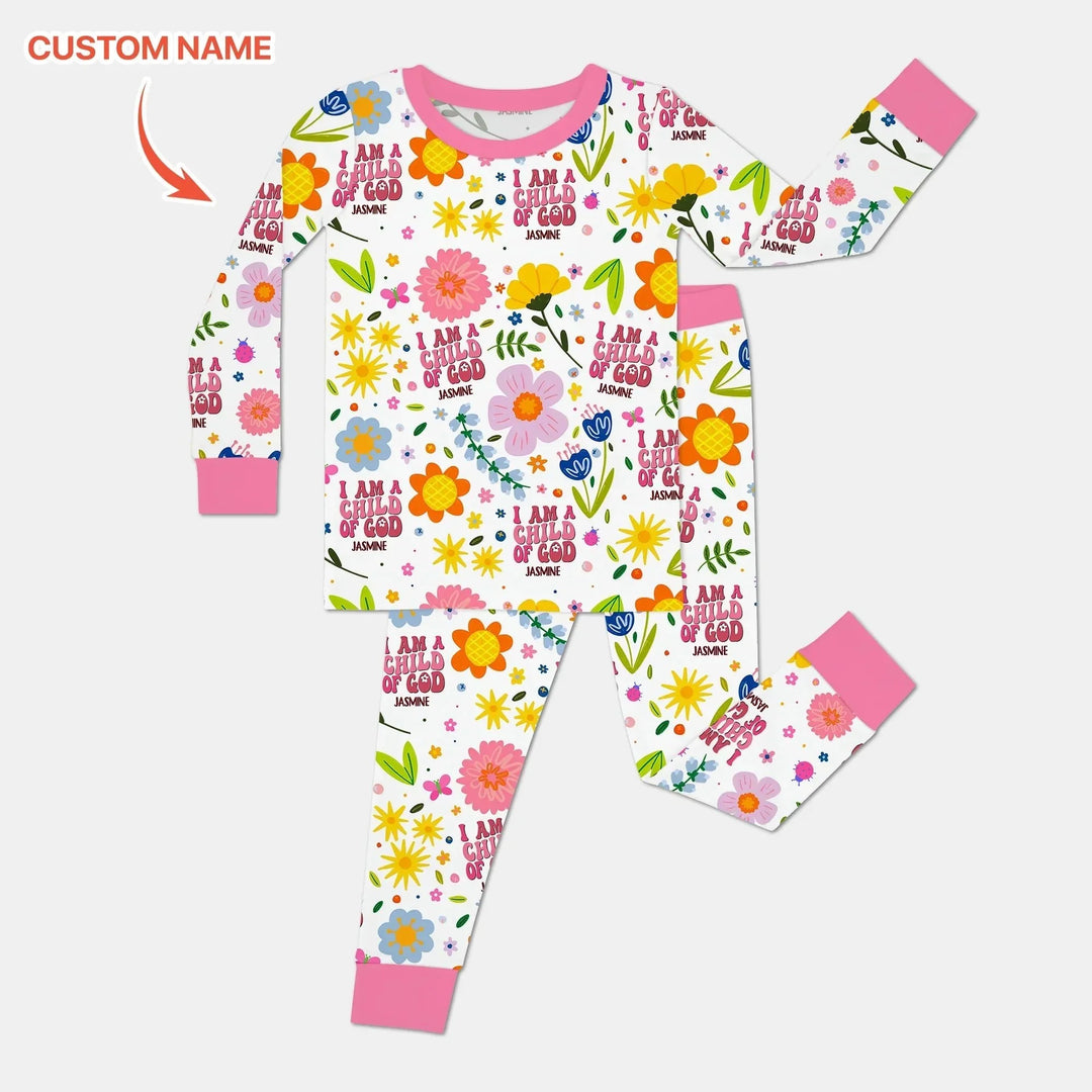 I Am A Child Of God Custom Name Girl Two Piece Long Sleeve Pajama Set , I Am A Child Of God Custom Name Girl Two Piece Long Sleeve Pajama Set - 12-18M