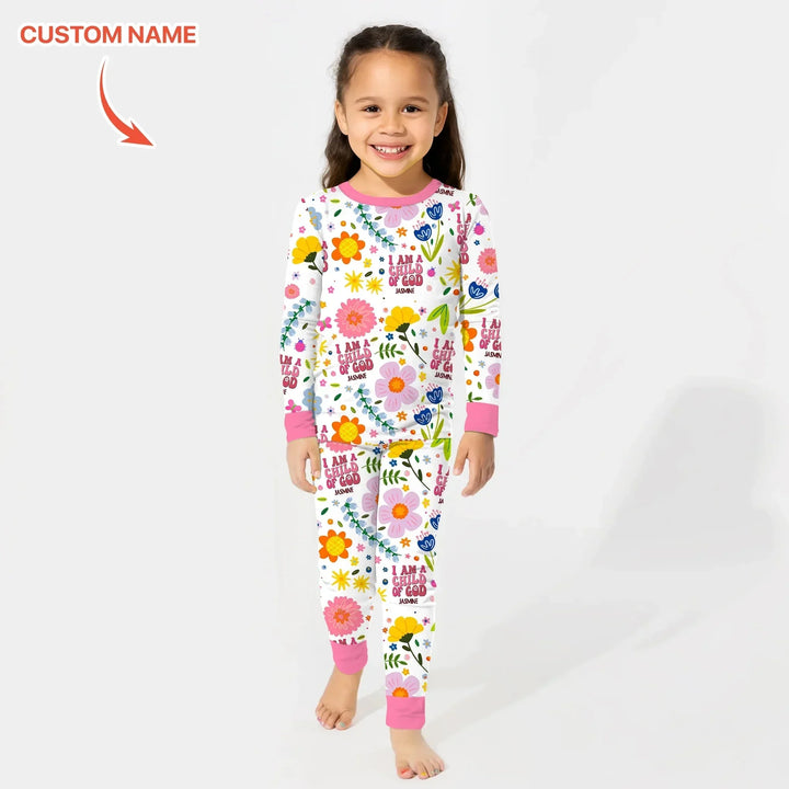 I Am A Child Of God Custom Name Girl Two Piece Long Sleeve Pajama Set , I Am A Child Of God Custom Name Girl Two Piece Long Sleeve Pajama Set - 12-18M