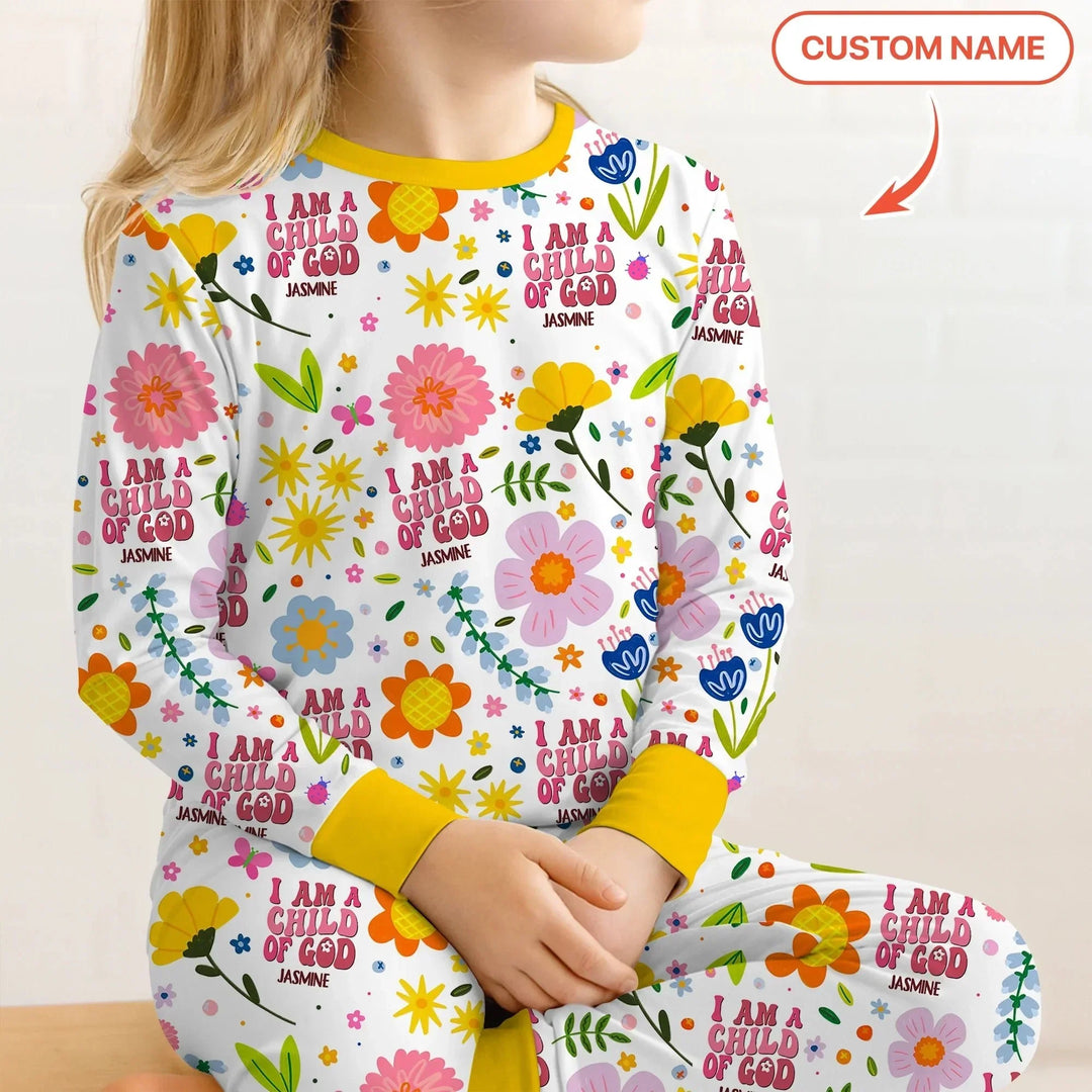 I Am A Child Of God Custom Name Girl Two Piece Long Sleeve Pajama Set , I Am A Child Of God Custom Name Girl Two Piece Long Sleeve Pajama Set - 12-18M