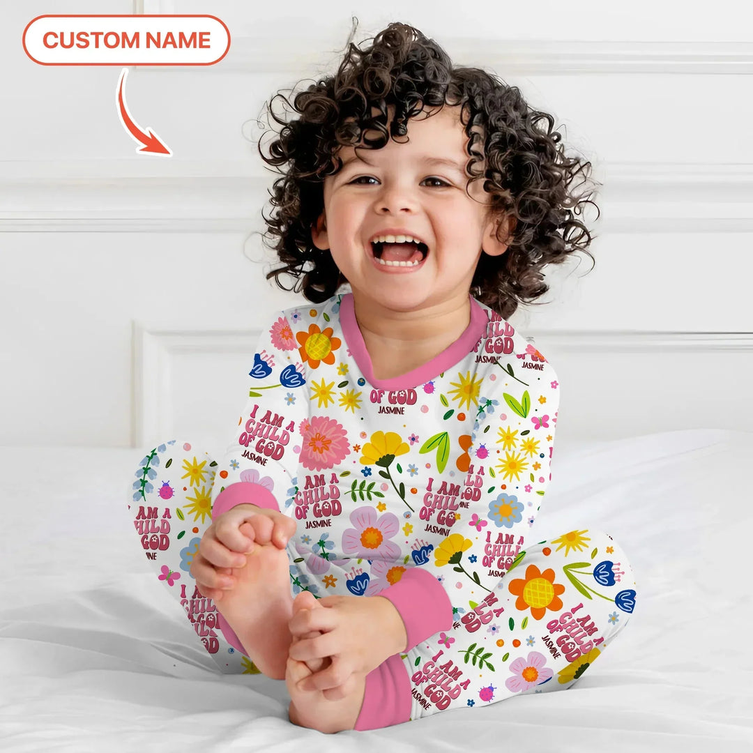 I Am A Child Of God Custom Name Girl Two Piece Long Sleeve Pajama Set , I Am A Child Of God Custom Name Girl Two Piece Long Sleeve Pajama Set - 12-18M