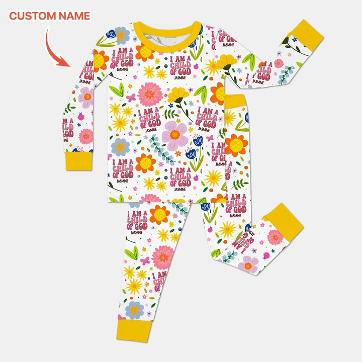 I Am A Child Of God Custom Name Girl Two Piece Long Sleeve Pajama Set , I Am A Child Of God Custom Name Girl Two Piece Long Sleeve Pajama Set - 12-18M