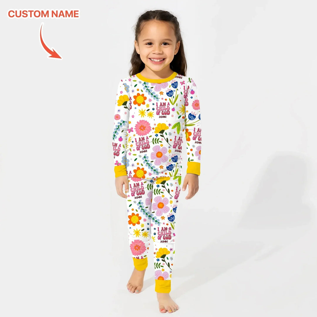 I Am A Child Of God Custom Name Girl Two Piece Long Sleeve Pajama Set , I Am A Child Of God Custom Name Girl Two Piece Long Sleeve Pajama Set - 12-18M