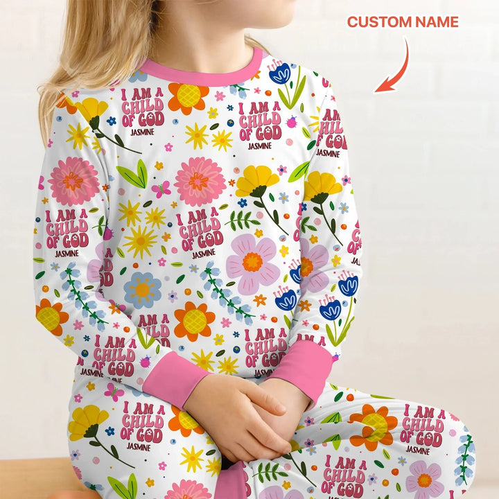 I Am A Child Of God Custom Name Girl Two Piece Long Sleeve Pajama Set , I Am A Child Of God Custom Name Girl Two Piece Long Sleeve Pajama Set - 12-18M
