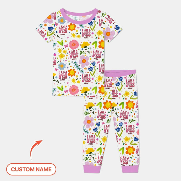 I Am A Child Of God Custom Name Girl Two Piece Short Sleeve Pajama Set , I Am A Child Of God Custom Name Girl Two Piece Short Sleeve Pajama Set - 12-18M