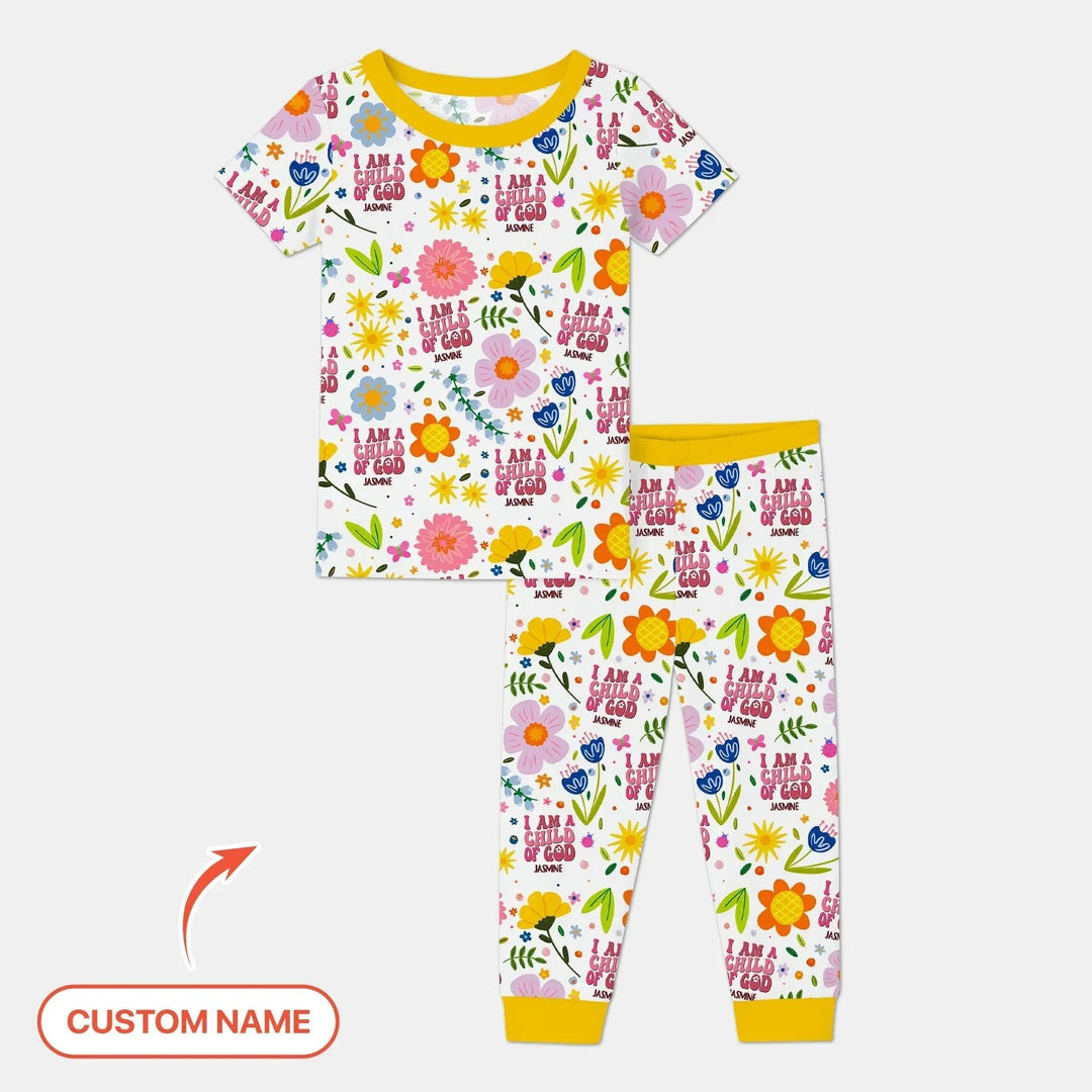 I Am A Child Of God Custom Name Girl Two Piece Short Sleeve Pajama Set , I Am A Child Of God Custom Name Girl Two Piece Short Sleeve Pajama Set - 12-18M