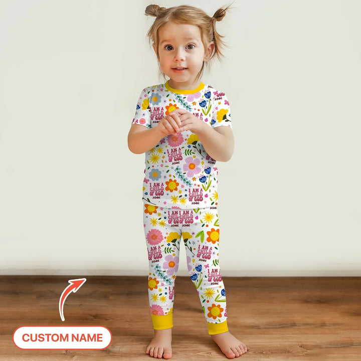 I Am A Child Of God Custom Name Girl Two Piece Short Sleeve Pajama Set , I Am A Child Of God Custom Name Girl Two Piece Short Sleeve Pajama Set - 12-18M