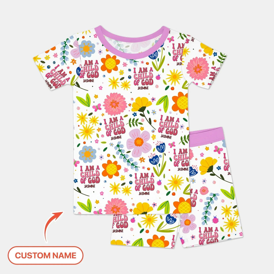 I Am A Child Of God Custom Name Girl Two Piece Short Sleeve Shorts Pajama Set , I Am A Child Of God Custom Name Girl Two Piece Short Sleeve Shorts Pajama Set - 12-18M
