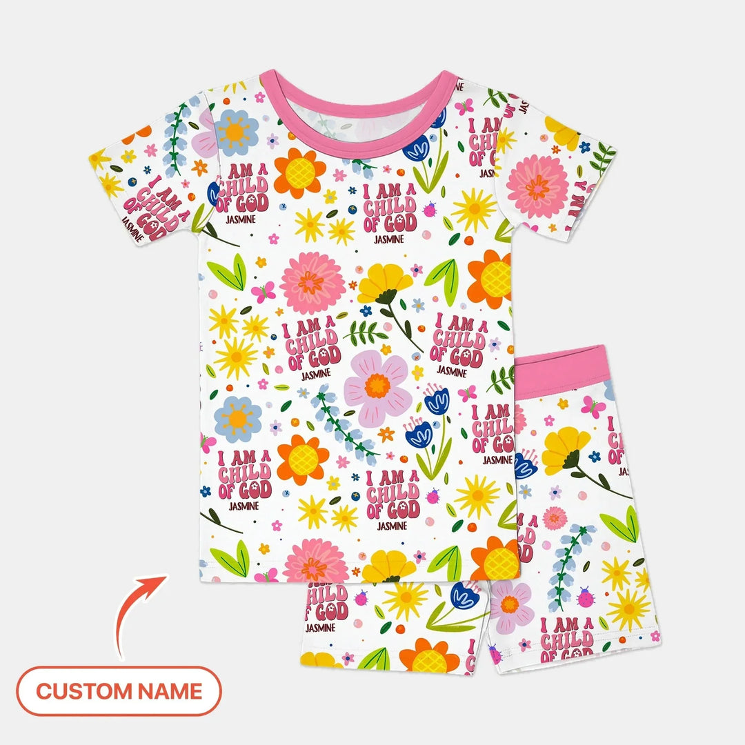 I Am A Child Of God Custom Name Girl Two Piece Short Sleeve Shorts Pajama Set , I Am A Child Of God Custom Name Girl Two Piece Short Sleeve Shorts Pajama Set - 12-18M