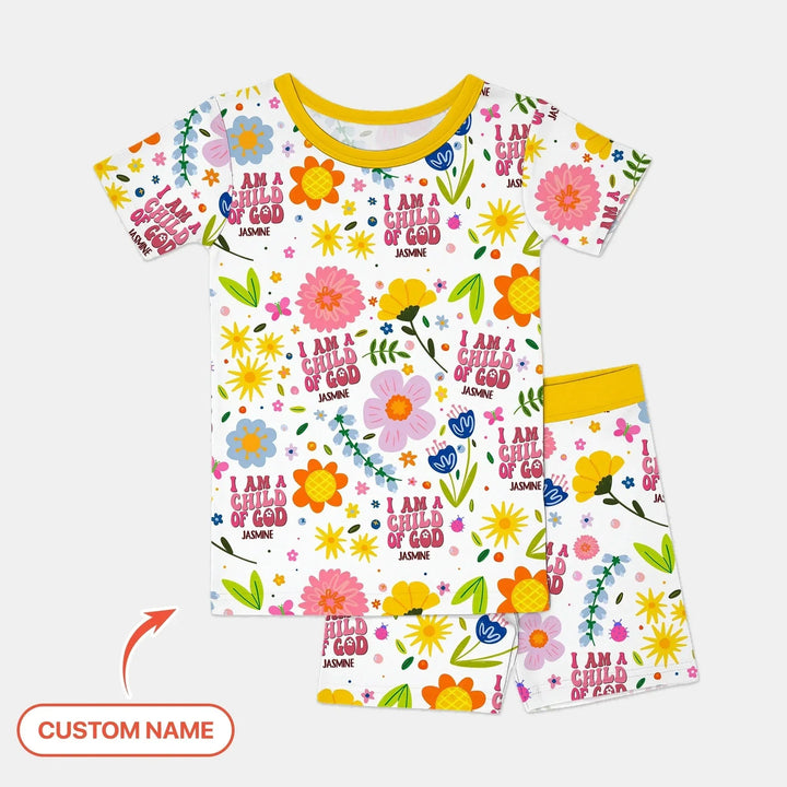 I Am A Child Of God Custom Name Girl Two Piece Short Sleeve Shorts Pajama Set , I Am A Child Of God Custom Name Girl Two Piece Short Sleeve Shorts Pajama Set - 12-18M
