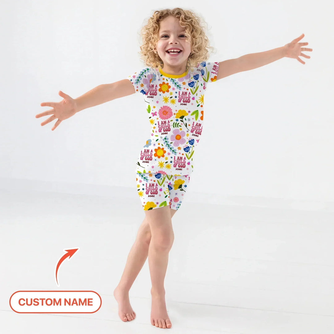I Am A Child Of God Custom Name Girl Two Piece Short Sleeve Shorts Pajama Set , I Am A Child Of God Custom Name Girl Two Piece Short Sleeve Shorts Pajama Set - 12-18M