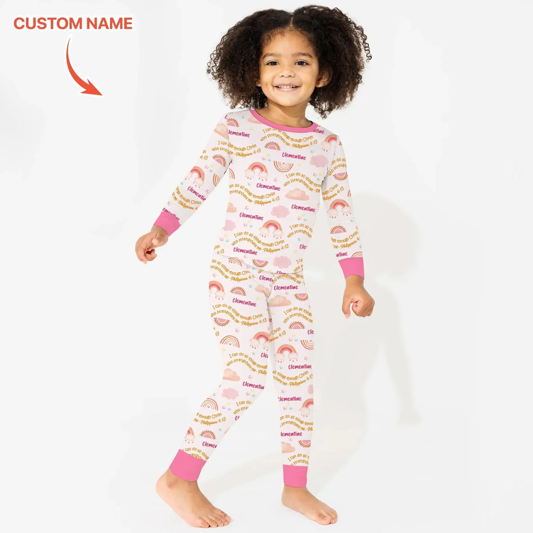 I Can Do All Things Through Christ Custom Name Two Piece Long Sleeve Pajama Set , I Can Do All Things Through Christ Custom Name Two Piece Long Sleeve Pajama Set - 12-18M