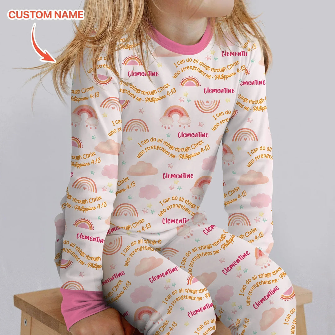 I Can Do All Things Through Christ Custom Name Two Piece Long Sleeve Pajama Set , I Can Do All Things Through Christ Custom Name Two Piece Long Sleeve Pajama Set - 12-18M