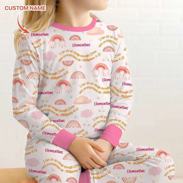 I Can Do All Things Through Christ Custom Name Two Piece Long Sleeve Pajama Set , I Can Do All Things Through Christ Custom Name Two Piece Long Sleeve Pajama Set - 12-18M