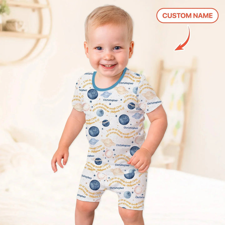 I Can Do All Things Through Christ Custom Name Two Piece Short Sleeve Shorts Pajama Set , I Can Do All Things Through Christ Custom Name Two Piece Short Sleeve Shorts Pajama Set - 12-18M