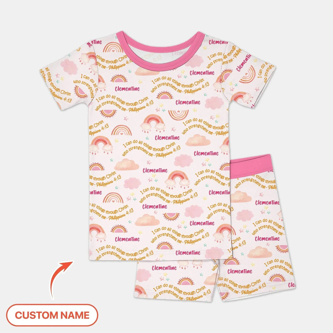 I Can Do All Things Through Christ Custom Name Two Piece Short Sleeve Shorts Pajama Set , I Can Do All Things Through Christ Custom Name Two Piece Short Sleeve Shorts Pajama Set - 12-18M
