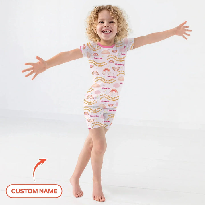 I Can Do All Things Through Christ Custom Name Two Piece Short Sleeve Shorts Pajama Set , I Can Do All Things Through Christ Custom Name Two Piece Short Sleeve Shorts Pajama Set - 12-18M