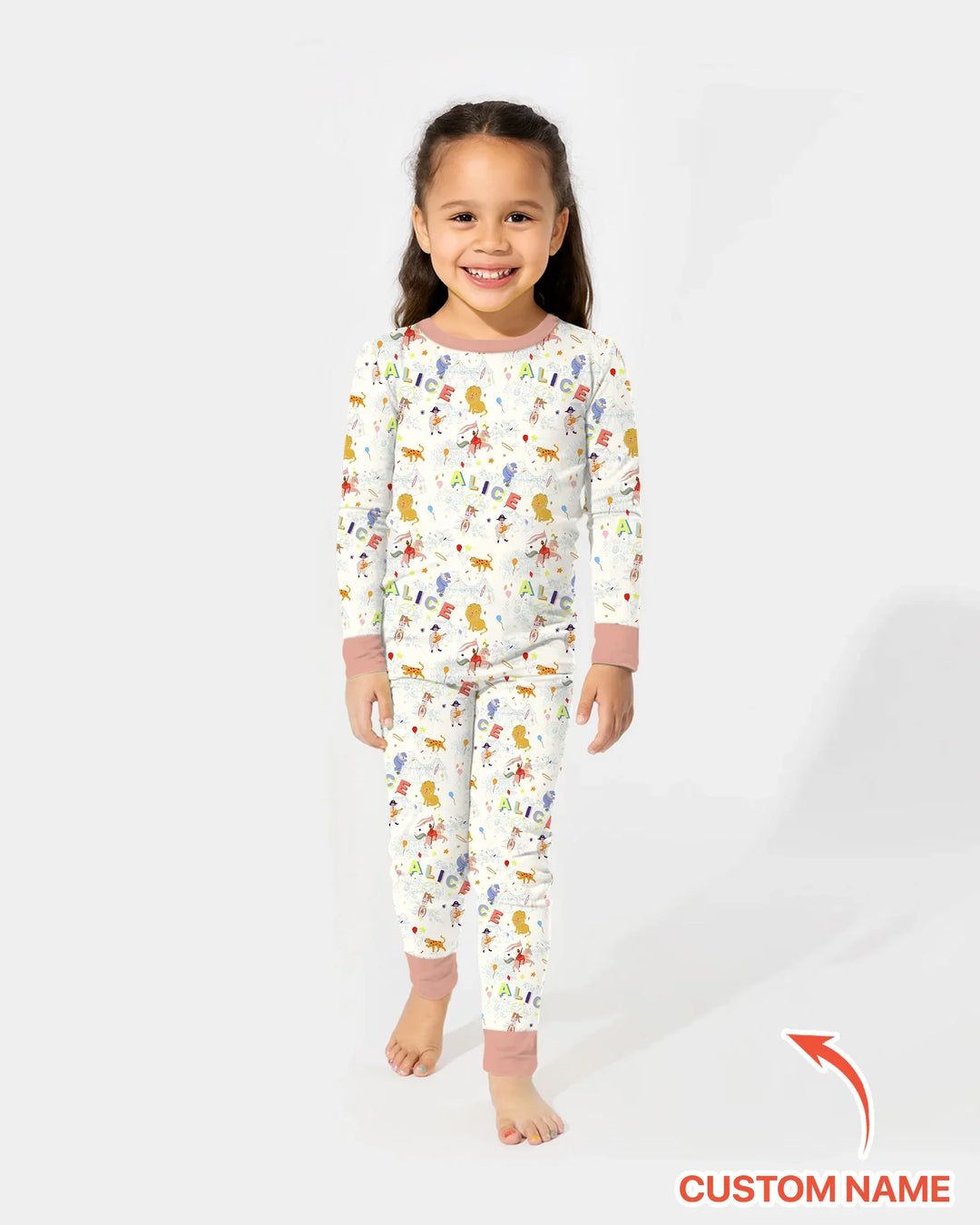 Custom Name Circus Toile Bamboo Two Piece Long Sleeve Pajama Set