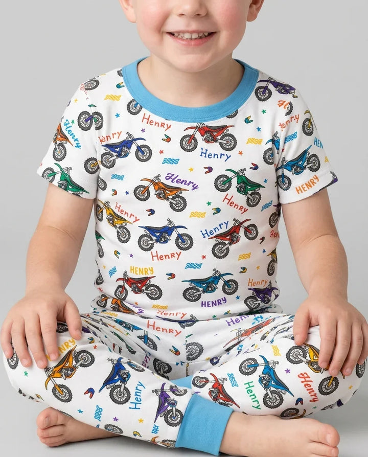 Dirt Track Dreamer Custom Name Daddy & Me Matching Bamboo Two Piece Short Sleeve Pajama Set