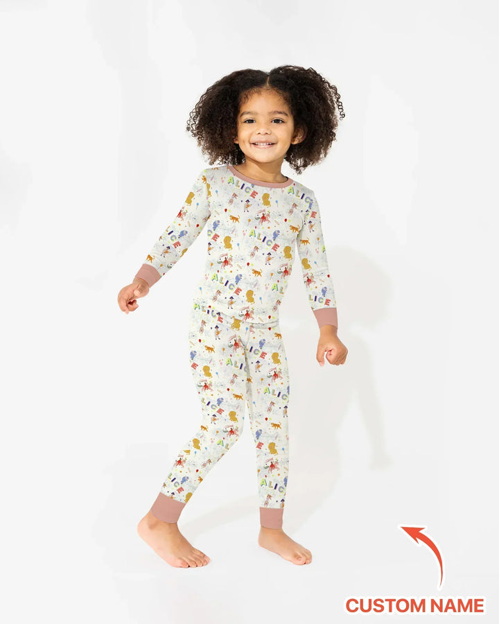 Custom Name Circus Toile Bamboo Two Piece Long Sleeve Pajama Set