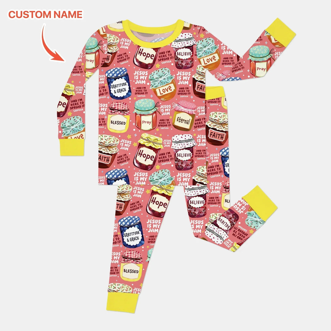 Jesus Is My Jam Custom Name Two Piece Long Sleeve Pajama Set , Jesus Is My Jam Custom Name Two Piece Long Sleeve Pajama Set - 12-18M