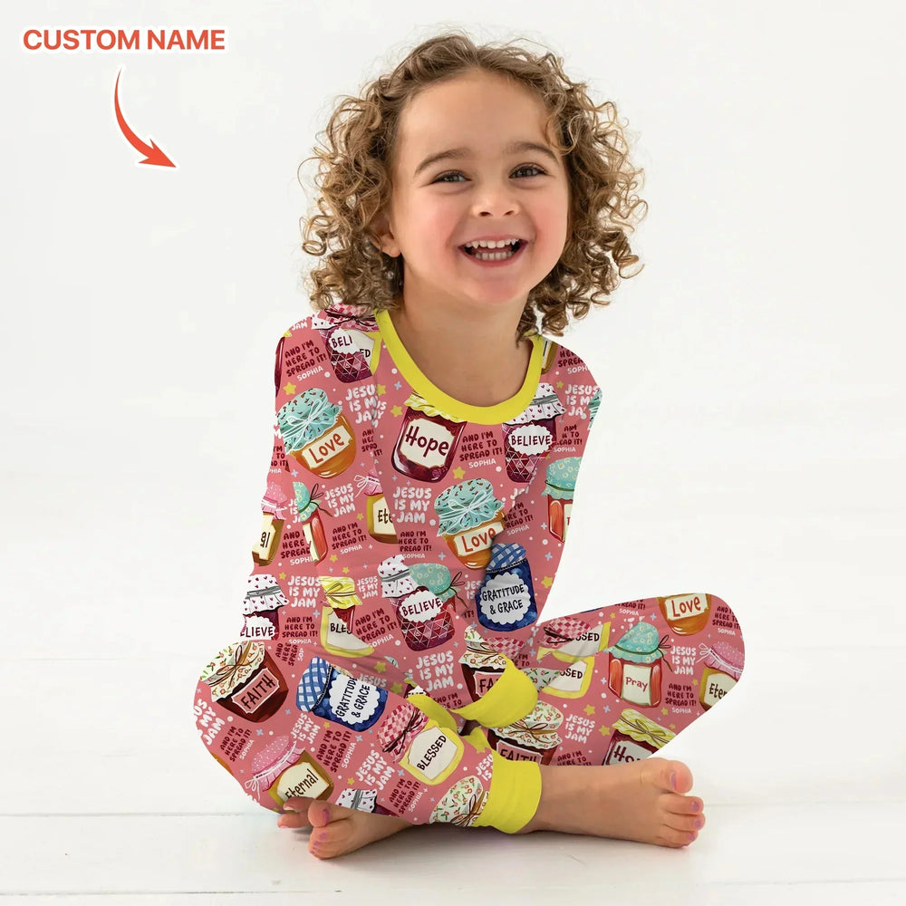 Jesus Is My Jam Custom Name Two Piece Long Sleeve Pajama Set , Jesus Is My Jam Custom Name Two Piece Long Sleeve Pajama Set - 12-18M