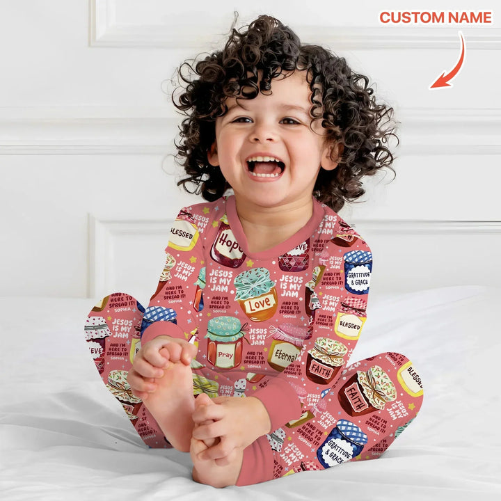 Jesus Is My Jam Custom Name Two Piece Long Sleeve Pajama Set , Jesus Is My Jam Custom Name Two Piece Long Sleeve Pajama Set - 12-18M