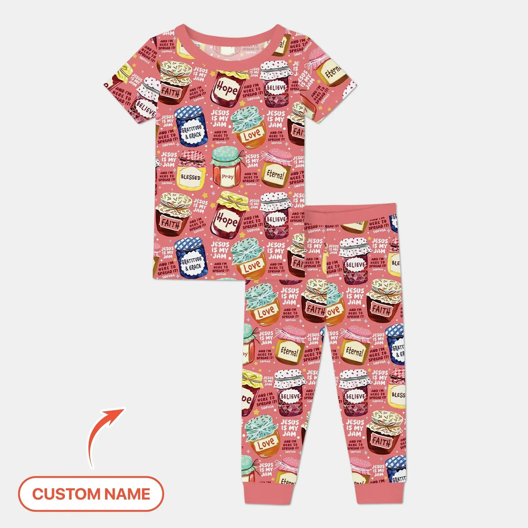 Jesus Is My Jam Custom Name Two Piece Short Sleeve Pajama Set , Jesus Is My Jam Custom Name Two Piece Short Sleeve Pajama Set - 12-18M