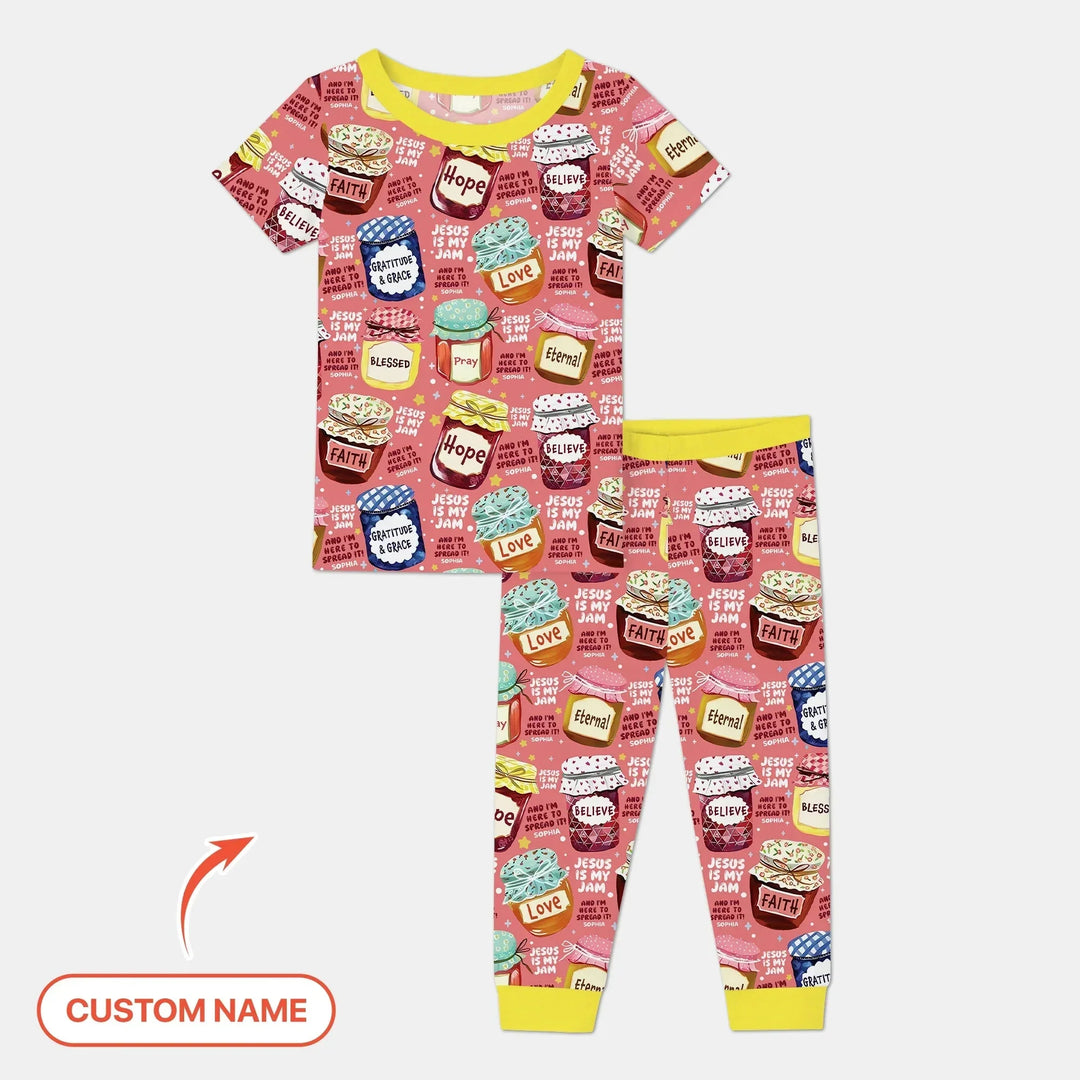 Jesus Is My Jam Custom Name Two Piece Short Sleeve Pajama Set , Jesus Is My Jam Custom Name Two Piece Short Sleeve Pajama Set - 12-18M
