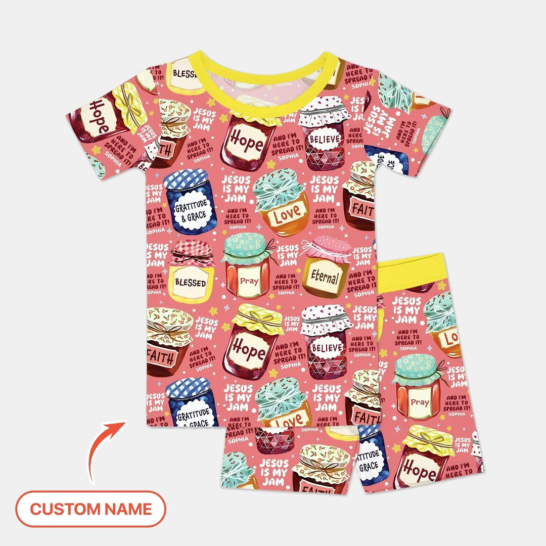 Jesus Is My Jam Custom Name Two Piece Short Sleeve Shorts Pajama Set , Jesus Is My Jam Custom Name Two Piece Short Sleeve Shorts Pajama Set - 12-18M