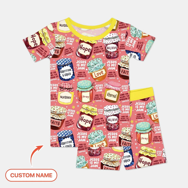 Jesus Is My Jam Custom Name Two Piece Short Sleeve Shorts Pajama Set , Jesus Is My Jam Custom Name Two Piece Short Sleeve Shorts Pajama Set - 12-18M