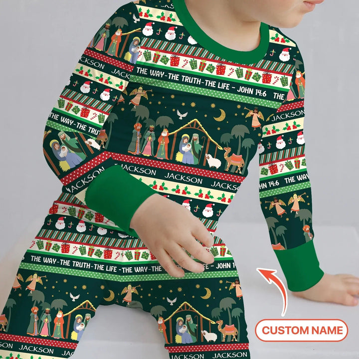 Jesus The Way The Truth The Life Custom Name Two Piece Long Sleeve Pajama Set , Jesus The Way The Truth The Life Custom Name Two Piece Long Sleeve Pajama Set - 12-18M