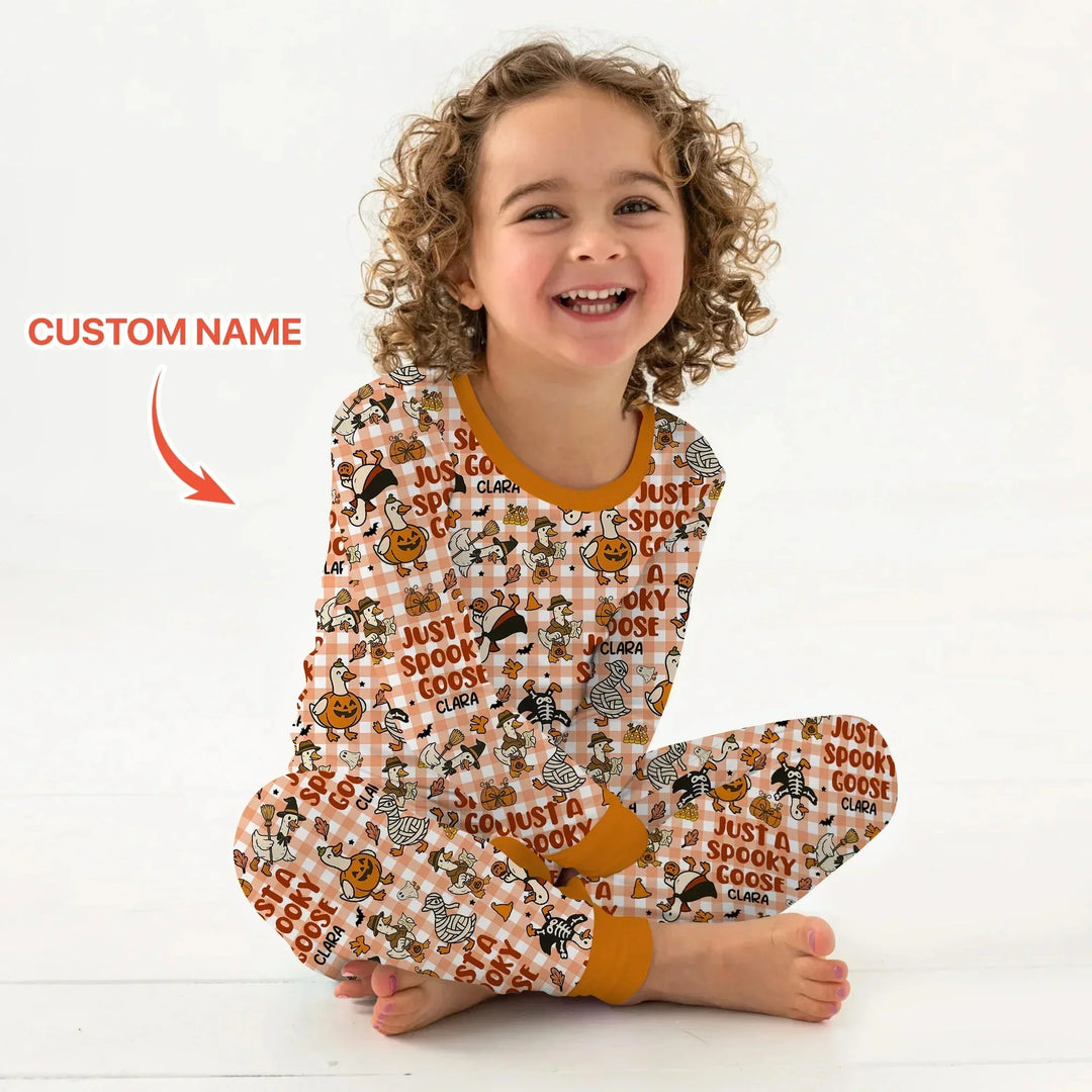 Just A Spooky Goose Custom Name Girl Version Long Sleeve Pajama Set , Just A Spooky Goose Custom Name Girl Version Long Sleeve Pajama Set - 12-18M