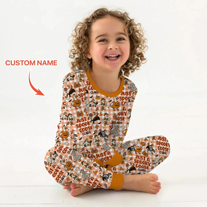 Just A Spooky Goose Custom Name Girl Version Long Sleeve Pajama Set , Just A Spooky Goose Custom Name Girl Version Long Sleeve Pajama Set - 12-18M