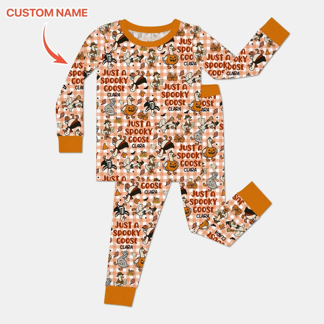 Just A Spooky Goose Custom Name Girl Version Long Sleeve Pajama Set , Just A Spooky Goose Custom Name Girl Version Long Sleeve Pajama Set - 12-18M