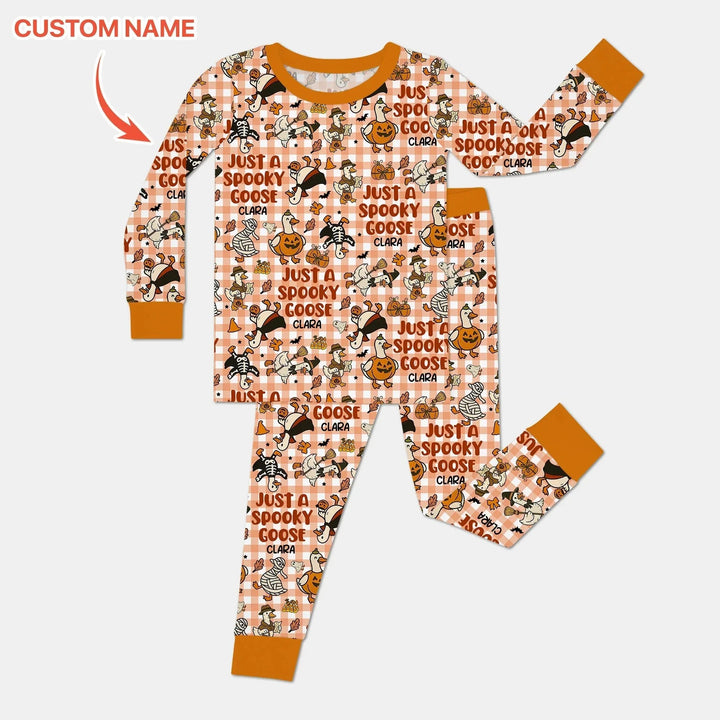 Just A Spooky Goose Custom Name Girl Version Long Sleeve Pajama Set , Just A Spooky Goose Custom Name Girl Version Long Sleeve Pajama Set - 12-18M