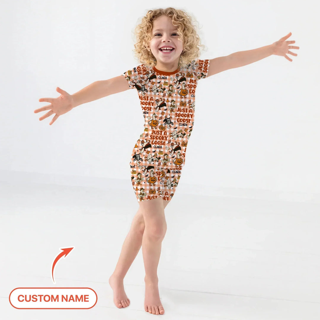 Just A Spooky Goose Custom Name Girl Version Short Sleeve Shorts Pajama Set , Just A Spooky Goose Custom Name Girl Version Short Sleeve Shorts Pajama Set - 12-18M