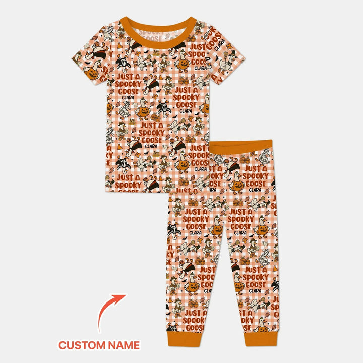 Just A Spooky Goose Custom Name Girl Version Two Piece Short Sleeve Pajama Set , Just A Spooky Goose Custom Name Girl Version Two Piece Short Sleeve Pajama Set - 12-18M