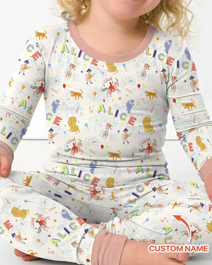 Custom Name Circus Toile Bamboo Two Piece Long Sleeve Pajama Set