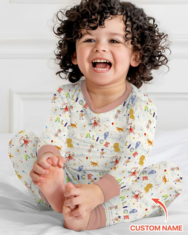 Custom Name Circus Toile Bamboo Two Piece Long Sleeve Pajama Set