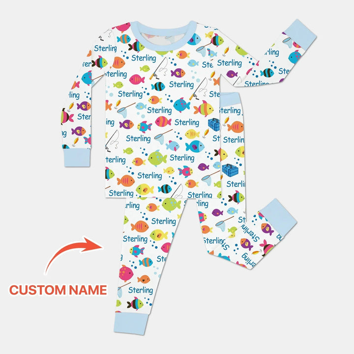Little Fisher’s Adventure Custom Name Two Piece Long Sleeve Pajama Set , Little Fisher’s Adventure Custom Name Two Piece Long Sleeve Pajama Set - 12-18M
