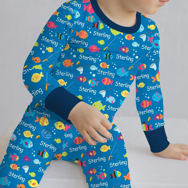 Little Fisher’s Adventure Custom Name Two Piece Long Sleeve Pajama Set , Little Fisher’s Adventure Custom Name Two Piece Long Sleeve Pajama Set - 12-18M