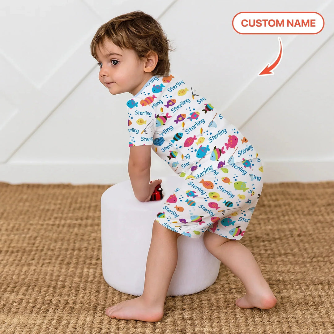 Little Fisher’s Adventure Custom Name Two Piece Short Sleeve Shorts Pajama Set , Little Fisher’s Adventure Custom Name Two Piece Short Sleeve Shorts Pajama Set - 12-18M