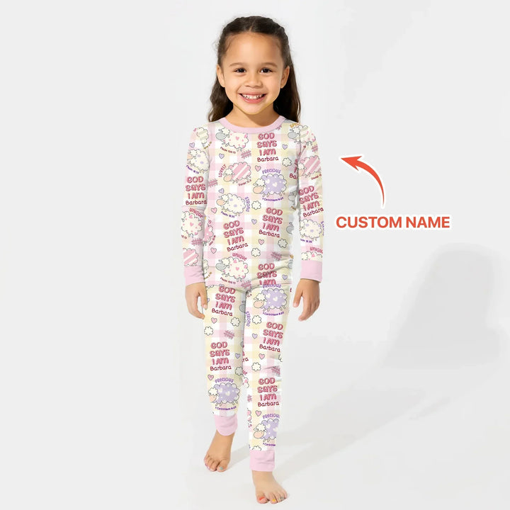 Little Lamb God Says I Am Custom Name Long Sleeve Pajama Set , Little Lamb God Says I Am Custom Name Long Sleeve Pajama Set - 12-18M
