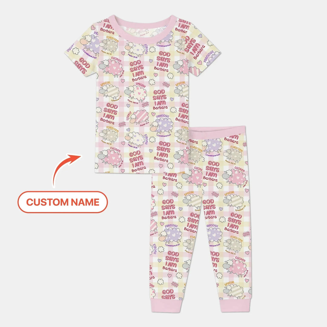 Little Lamb God Says I Am Custom Name Short Sleeve Pajama Set , Little Lamb God Says I Am Custom Name Short Sleeve Pajama Set - 12-18M