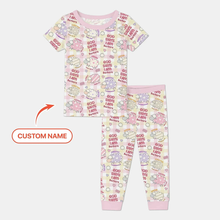 Little Lamb God Says I Am Custom Name Short Sleeve Pajama Set , Little Lamb God Says I Am Custom Name Short Sleeve Pajama Set - 12-18M