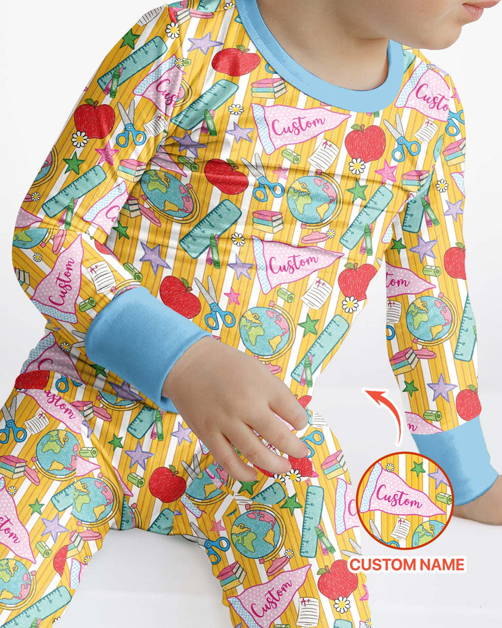 Custom Back To School Pennant Bamboo Two Piece Long Sleeve Pajama Set