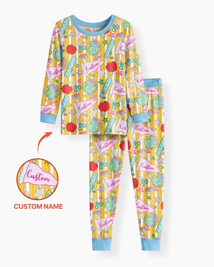 Custom Back To School Pennant Bamboo Two Piece Long Sleeve Pajama Set