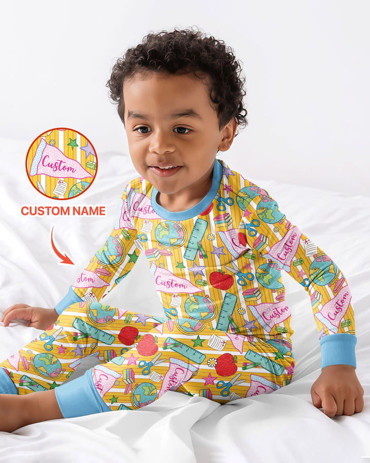 Custom Back To School Pennant Bamboo Two Piece Long Sleeve Pajama Set